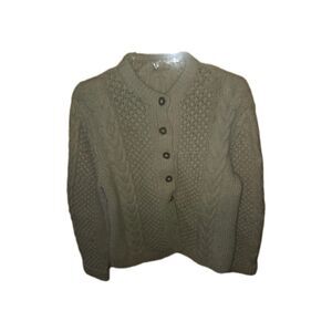Vtg Pre-1971 Hand Knit Aran Fisherman Cardigan Sweater Wool Ivory Cable Knit